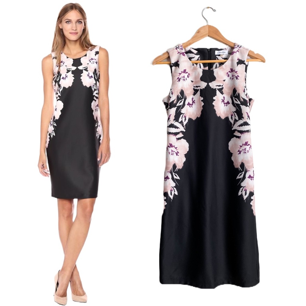 🌸Calvin Klein Sheath Career Formal Floral Bodycon Sleeveless Dress Pink Black 6
